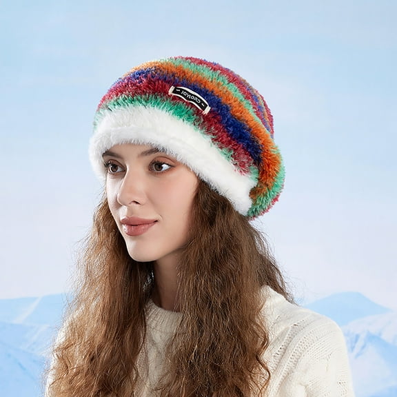 Slouchy Beanie Hat for Women Colorful Furry Soft Warm Knit Skull Cap Striped Winter Stretch Cute Travel Hat for Cold