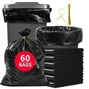 55 Gallon Trash Bags (60 Count), Black Heavy Duty Outdoor Garbage Bags, with Tying Ropes