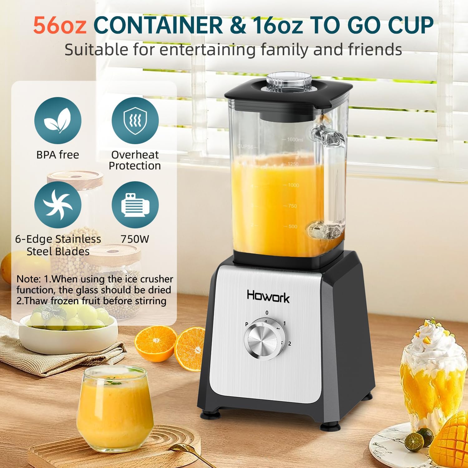 Personal Blender for Smoothies, 750W Motor with 56oz Glass Jar and 16oz Cups, 2-Speed Settings for Frozen Drinks & Ice Cream, Grey