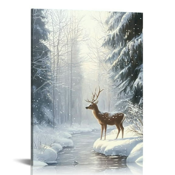 Fenyluxe Deer Snow Winter Canvas Art Modern Prints Home Decoration On Canvas for Living Room Bathroom Bedroom Office - Perfect Gift Ideas for Home Decor 12x16in