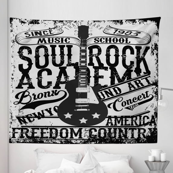 Retro Tapestry, Soul Rock Academy Theme Music Electric Guitar Freedom Poster Like Image, Fabric Wall Hanging Decor for Bedroom Living Room Dorm, 5 Sizes, Beige and Black, by Ambesonne
