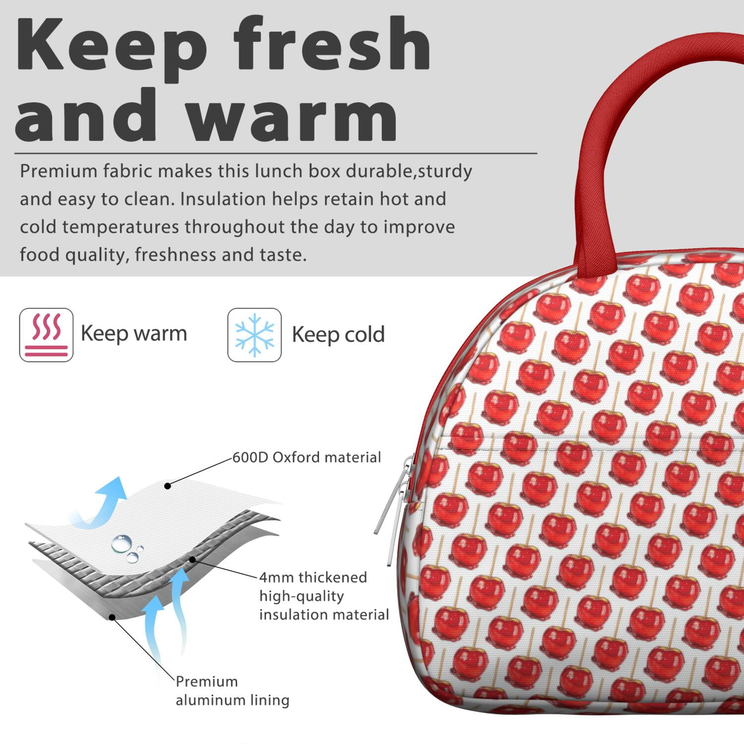 Apple Lunch Bag for Women – Cute Red & Green Fruit Print Tote with Cartoon Design and Leaves, Insulated & Leakproof, Aesthetic Lunch Box for Work or Apple Lover Gifts by CandyC