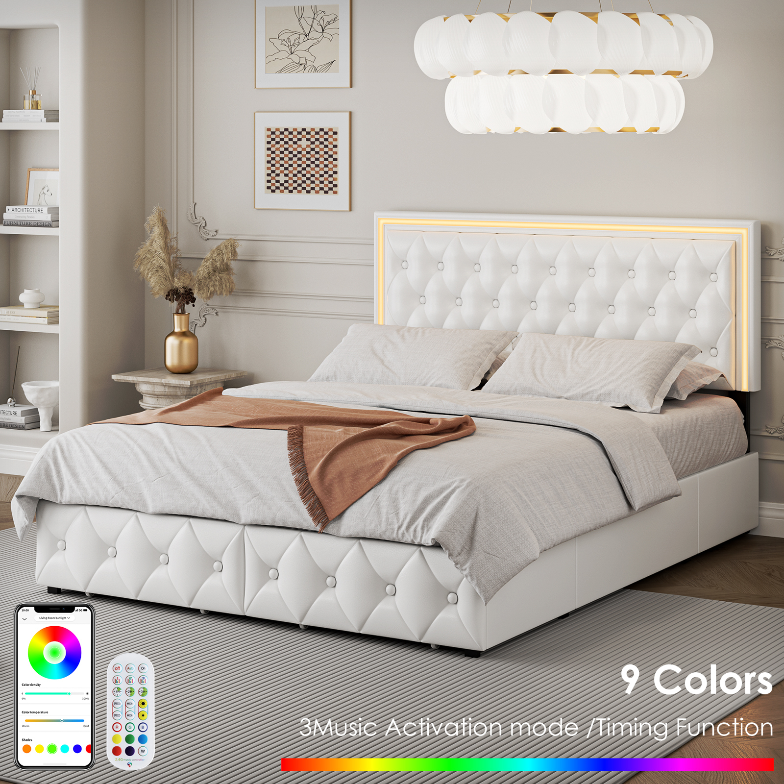 Homfa Queen LED Bed, 9 Colors LED Lights Platform Bed Frame with 4 Storage Drawers, Adjustable Upholstered Headboard with Button Tufted, PU White - image 3 of 10