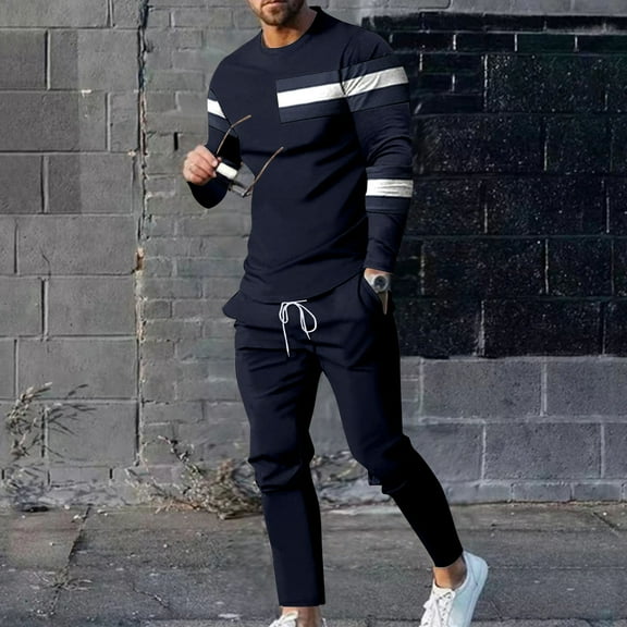 Wavsuf 2pcs Jogger Set Men Long Sweatsuits Sets for Mens Tight Shirt Sweatshirt and Sweatpants Navy Size 4XL