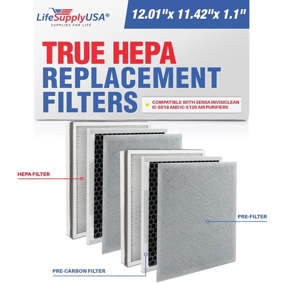 IC-5018F / IC-5120F Filter Replacement Compatible with InvisiClean IC-5018 & IC-5120 -3-in-1 H13 True HEPA   Activated Carbon   Pre-Filter by LifeSupplyUSA (2-Pack)