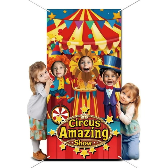 1set Circus Photo Door Banner Circus Clown Large Fabric Photo Door Backdrop Props Decor for Circus Theme Party Decor Funny Clown Face in Hole Photo Backdrop for Birthday Party 70.8x35.4 Inch
