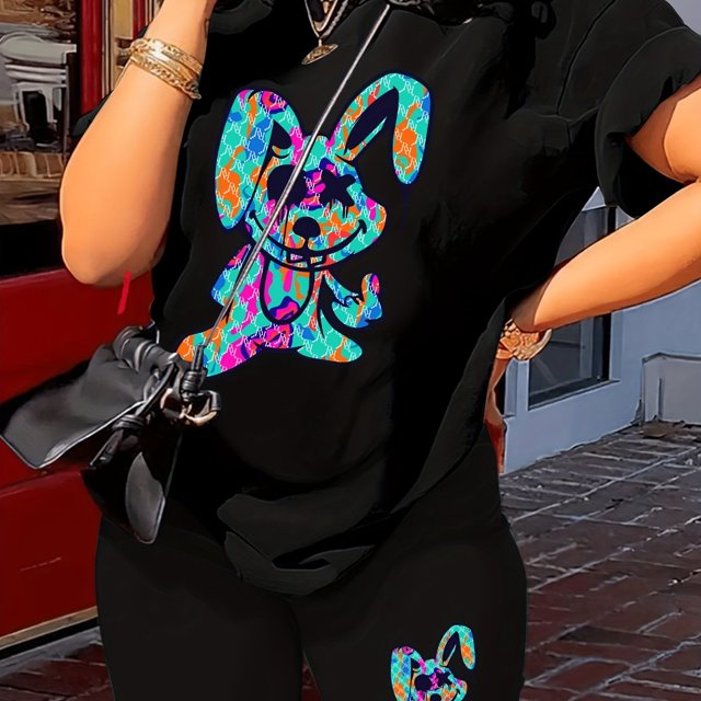 Conjunto de dos piezas con estampado de dibujos animados, camiseta de manga corta con cuello redondo y pantalones cortos, conjunto casual de verano de 2 piezas, ropa de mujer