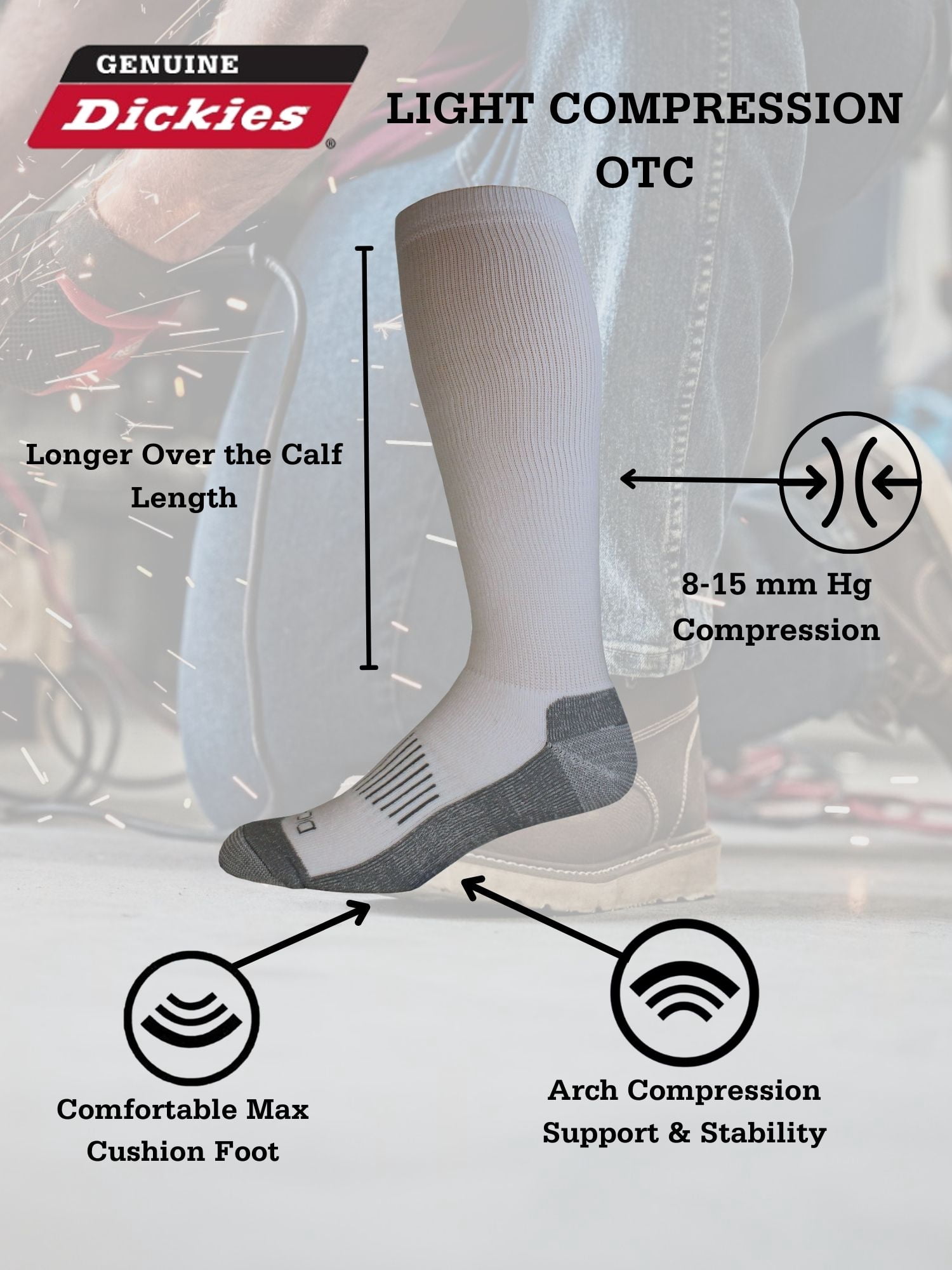 Genuine Dickies Men's OTC Compression Crew Sock, 2 Pack