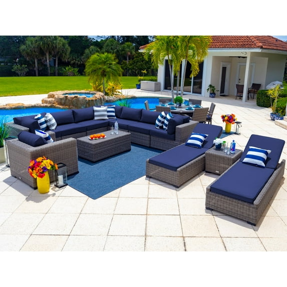 Tuscany 19-Piece Resin Wicker Outdoor Patio Furniture Combination Set with Sectional Set, Round Dining Set, and Chaise Lounge Set (Half-Round Gray Wicker, Sunbrella Canvas Navy)