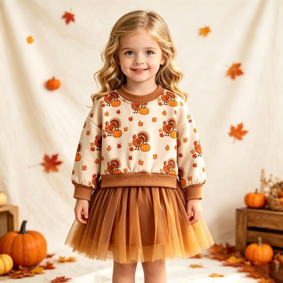 RUTAYY Girls 2 Piece Outfit Turkey Pumpkin Maple Leaf Print Long Sleeve Top and Tulle Skirt Set for Halloween Theme Party Brown