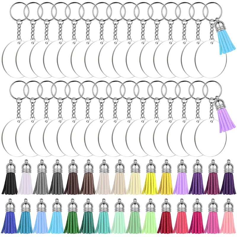 120PCS Keychain Blanks with Tassels Kit Acrylic Circle Discs Key Rings DIY Craft 