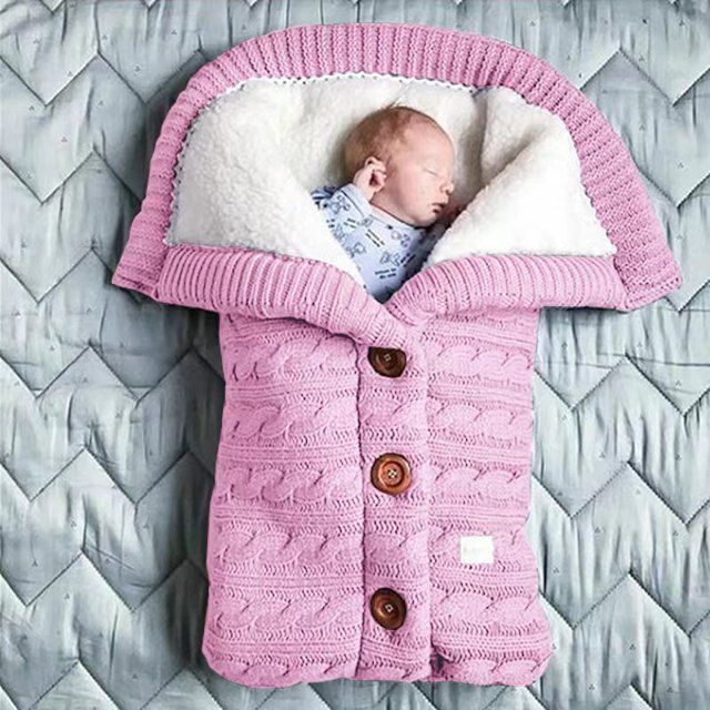 Saco de dormir para cochecito de bebé de otoño e invierno con botones para exteriores, saco de dormir de punto para bebé, edredón grueso con forro polar de lana
