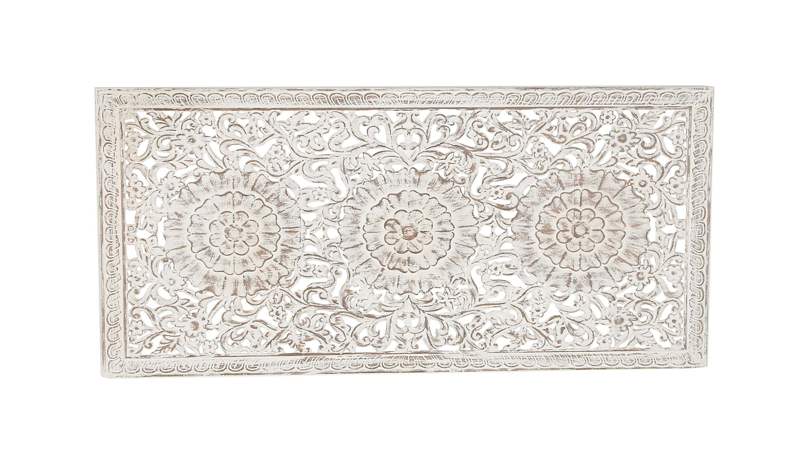 Traditional Carved Floral Rectangular Wooden Wall Panel, White