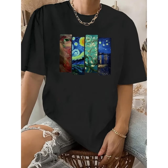 Camiseta con estampado geométrico de inspiración vintage para mujer: algodón suave, cuello redondo, manga corta, lavable a máquina, perfecta para el verano, camisetas lisas para mujer, top deportivo i