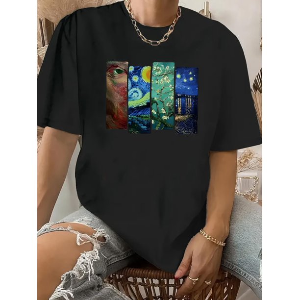 Vintage-Inspired Geometric Print T-Shirt for Women - Soft Polyester, Crew Neck, Short Sleeve, Machine Washable - Perfect for Summer, Plain T Shirts for Ladies