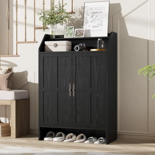 Black 47 Inch Tall Farmhouse Shoe Storage Cabinet, 5‑Tier Adjustable Shelves with Open Rack