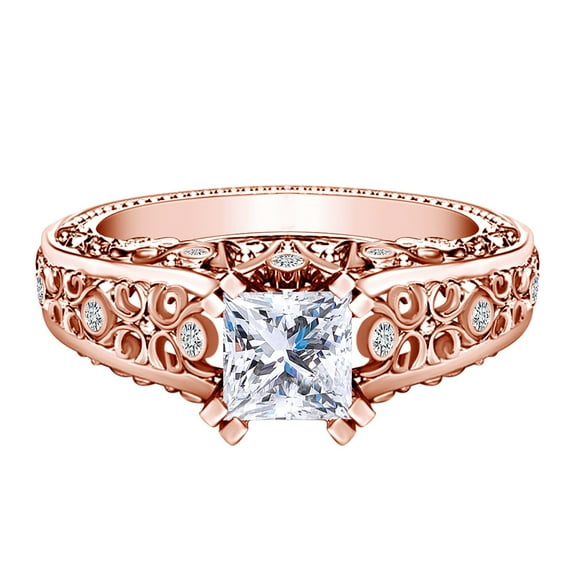 AFFY 1.41 Carat Princess Cut Moissanite & Natural Diamond Filigree Design Engagement Ring 14k Solid Rose Gold Ring Size-5