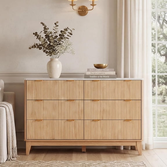 Fluted 6 Drawer Dresser, Modern Wood Chest of Drawers, Tall Vertical Storage Cabinet for Bedroom, Living Room, Hallway, Entryway