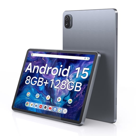 THTRO 10.1" Android 15 Tablet, 8GB RAM, 128GB ROM, Quad-Core Processor up to 2.0GHz, 6000mAh with Fast Charge, Dual Camera, IPS Display, Blue Gray