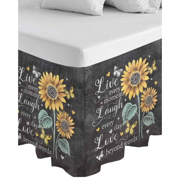Retro Sunflower Wrap Around Bed Skirts for Queen Bed 16" Drop,Bed Skirt with Adjustable Elastic Belt Dust Ruffle Bed Valance for Bedroom Hotel Spring Summer Farmhouse Floral Butterfly Bed Frame Cover