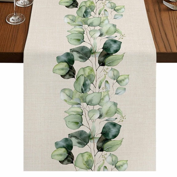 Green Eucalyptus Leaves 48 Inch Table Runner, Farmhouse Rustic Botanical Burlap Farmhouse Dresser Scarf Cotton & Linen Tablerunner for Dining/Kitchen Island/Holiday Party Décor 13" x 48"