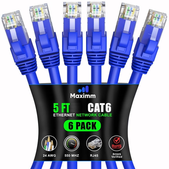 Maximm Cat 6 Ethernet Cable 5 ft (6-Pack) - High-Speed LAN Cable, Internet Cable, Patch Cable, and Network Cable - UTP, 10Gbps, 550MHz Ethernet Cord - Blue