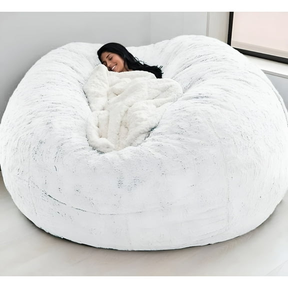 LAMIRO Lazy Sofa Bed Cover,Jumbo Fur Bean Bag Chair Cover for Adults (No Filler) Living Room Furniture Large Round Soft Fluffy Fur Bean Bag,(White,5 ft.)