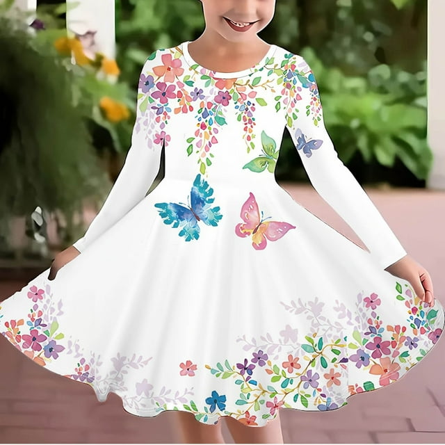 LOVZFMLL Robe de Noël Imprimée à Manches Longues Extensible Ligne A Robe de Récital Scolaire Robe à Manches Longues Col Rond