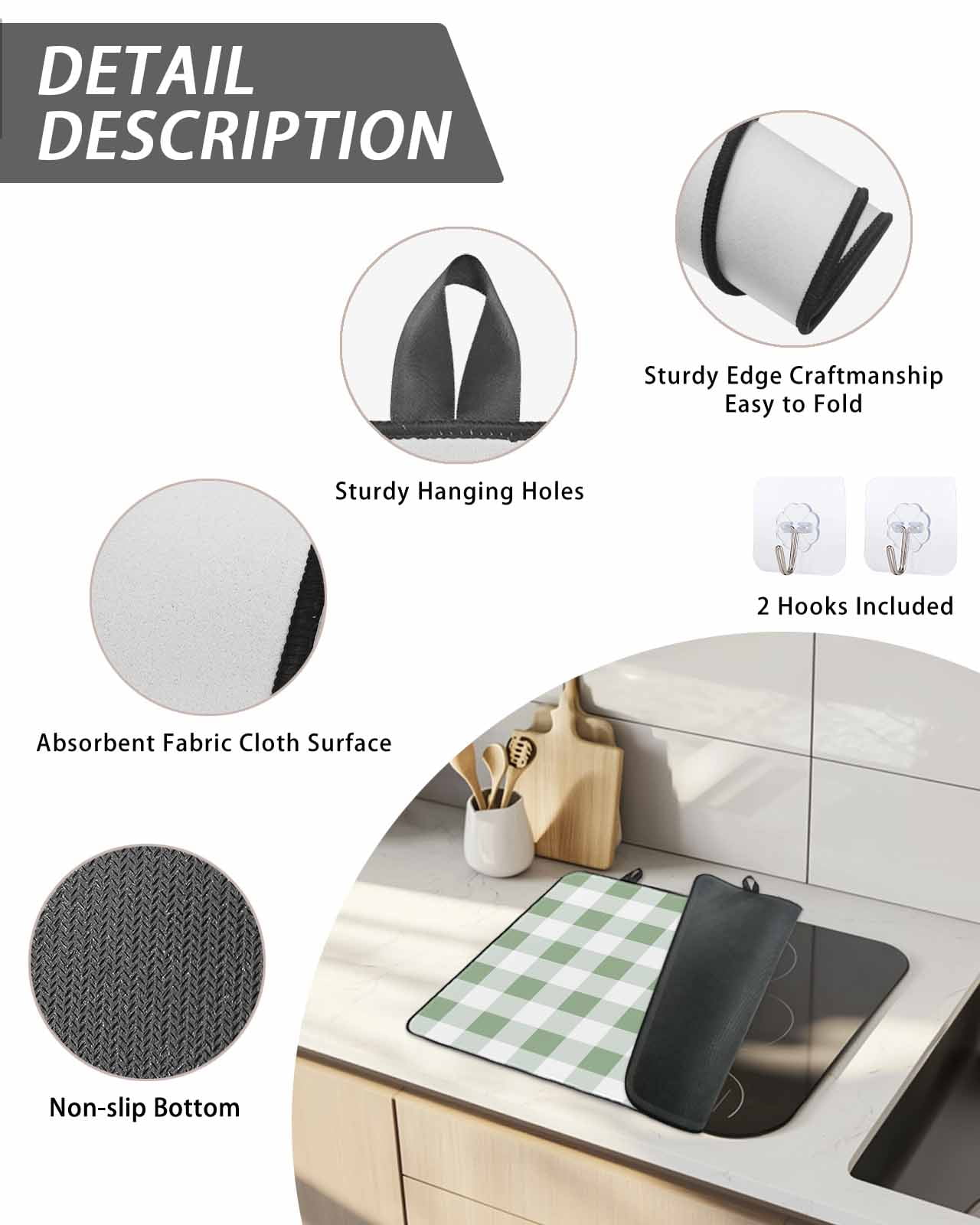 Stove Top Covers for Electric Stove, Sage Green Checkered Glass Stovetop Cover Protector, Green White Buffalo Plaid Induction Cooktop Protector Oven Mat for Kitchen Countertop 28.5"x20.5"