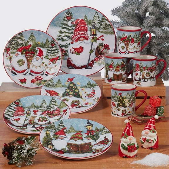 Christmas Gnomes 16-Pcs Assorted Colors Earthenware Dinnerware Set (Service for 4)