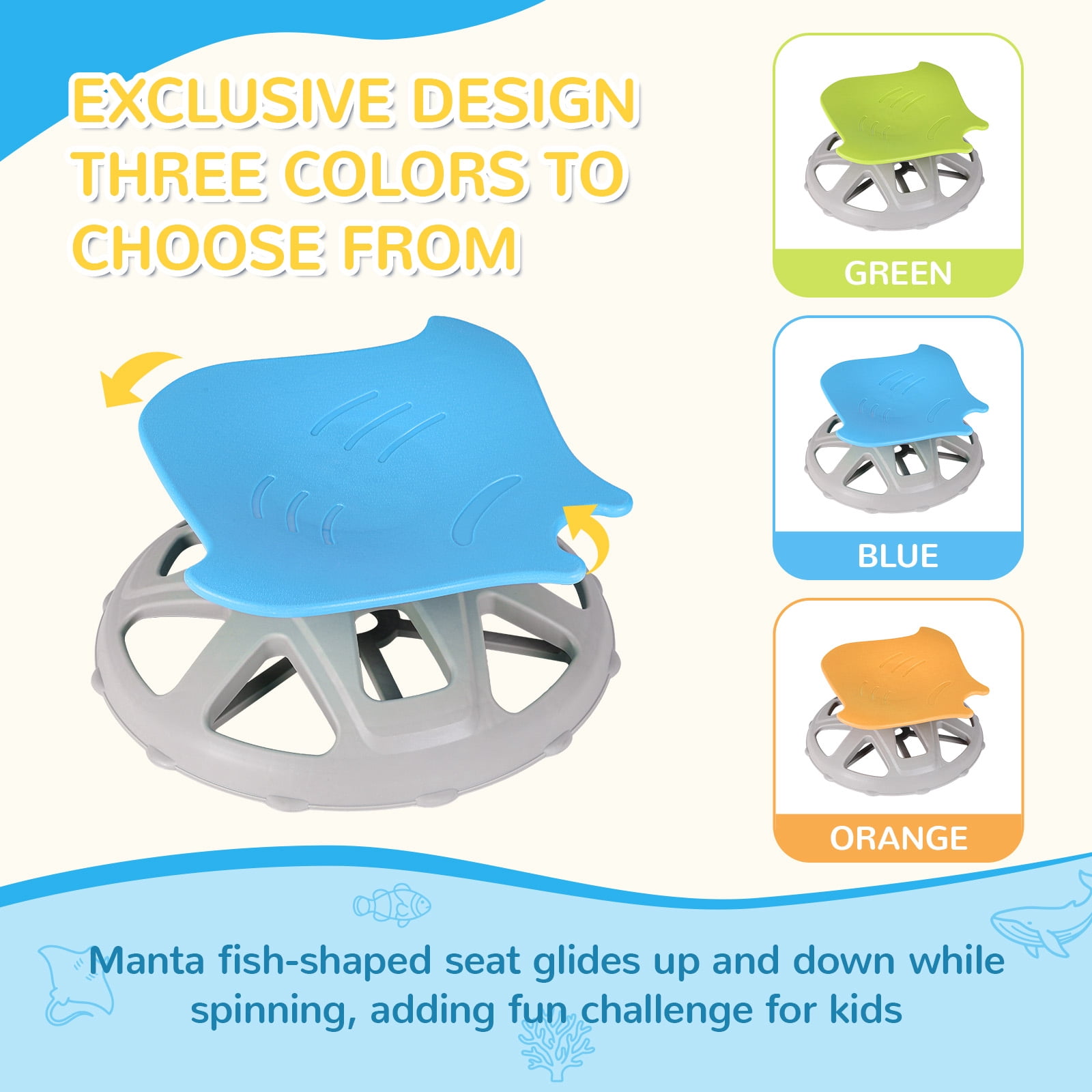 TLSUNNY Sensory Swivel Chair, Fish-Shaped Spinning Chair for Autistic Kids & ADHD, Training Body Coordination, Upgraded Base & Safety Handle, Sit and Spin Toy for Kids