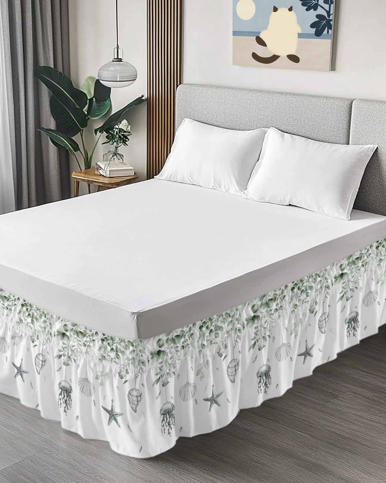 Sage Green Coastal Wrap Around Bed Skirts for Queen Bed 18" Drop,Bed Skirt with Adjustable Elastic Belt Dust Ruffle Bed Valance Summer Eucalyptus Leaves Beach Ocean Starfish Conch Bed Frame Cover