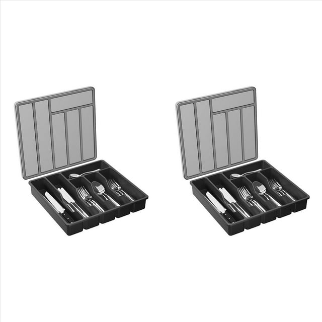 2X Organizador de Cubiertos con Tapa, Bandeja Cubierta para Utensilios para Cajón y Encimera de Cocina, Cubiertos y Cubiertos de Plástico Negro