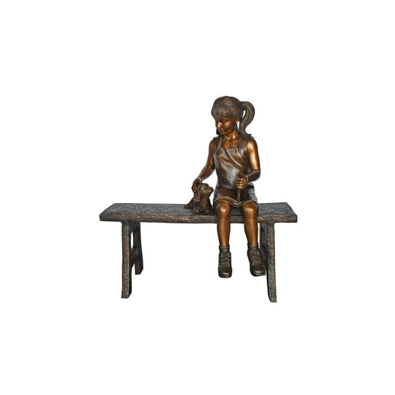 Young Girl with Her Puppy on Bench Reading Bronze Statue, Size 37" x 17" x 38"H
