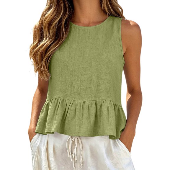 WEIWEN Linen Tank Tops for Women Dressy Casual Ruffle Hem Sleeveless Vest Shirts Womens Summer Outfits 2026 Trendy Beach Vacation Blouses Green, S
