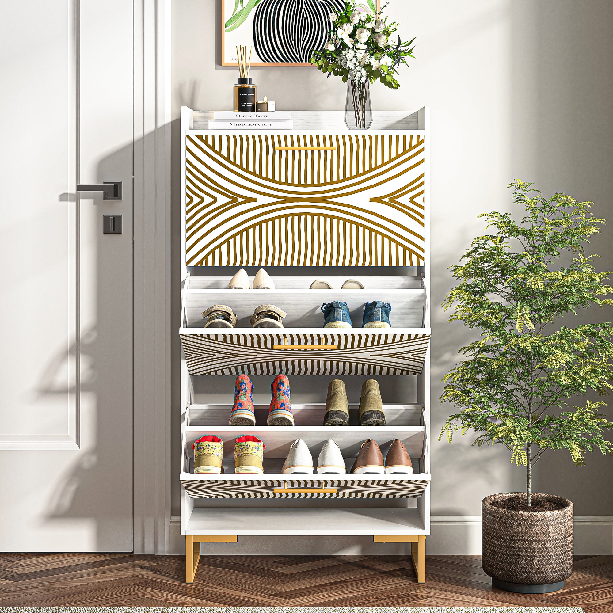 YYAo Entryway Shoe Cabinet, Shoes Storage Organizer Narrow Shoe Storage Rack with Flip Doors, Tipping Bucket Shoe Cabinet for Closet, Living Room, Beige YYAo Entryway Shoe Cabinet, Shoes Storage Organizer Narrow Shoe Storage Rack with Flip Doors, Tipping Bucket Shoe Cabinet for Closet, Living Room, Beige