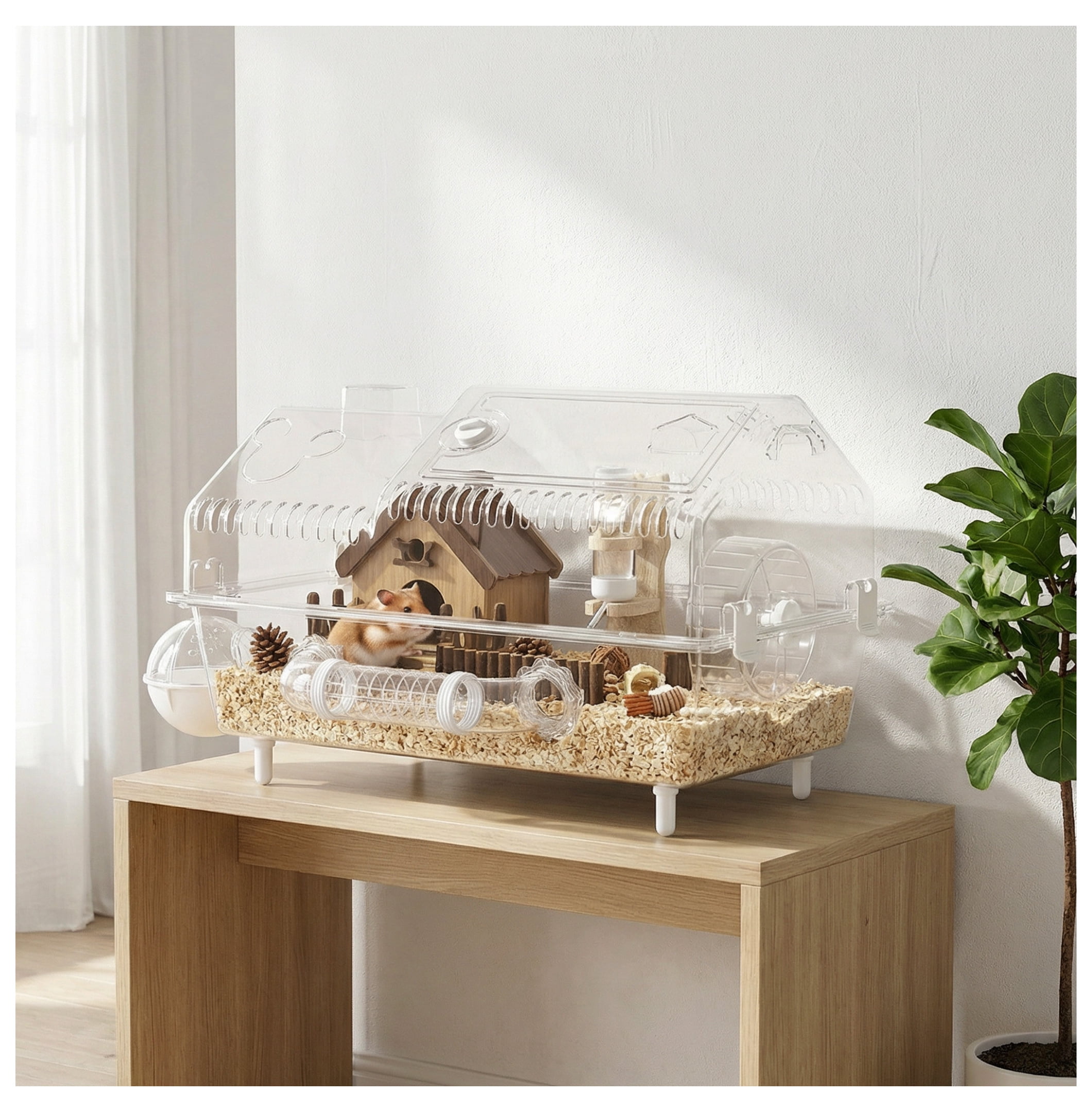 Hamster Cage with Wheel & Hideout, Small Animal Habitat, Clear Pet House, 21.5" x 11.8" x 12.6", Villa Design for Gerbils & Dwarf Hamsters