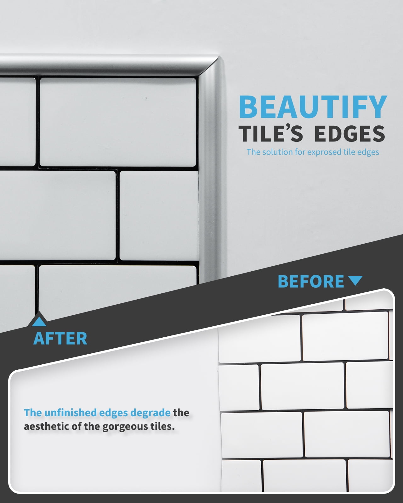 Art3d 10 Ft Peel and Stick Trim for Backsplash Tile Edge, Self-Adhesive Liner for Corner Decor in Silver