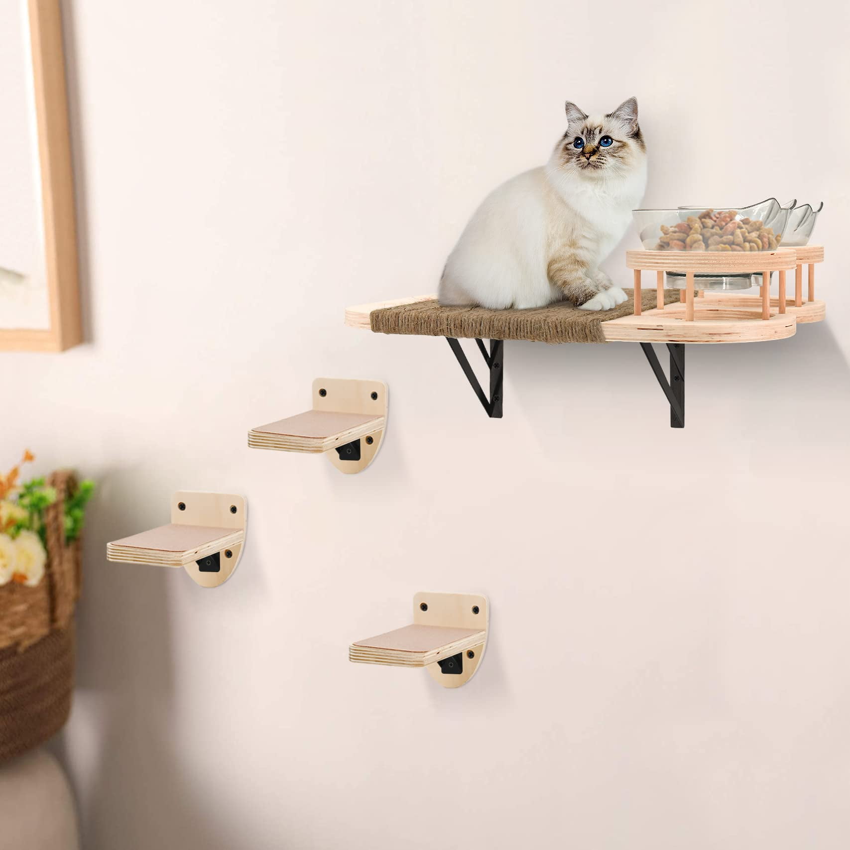 Wall Mounted Cat Perch, Climbing Shelves, Plush Covered Set with 3 Steps & Cat Hammock