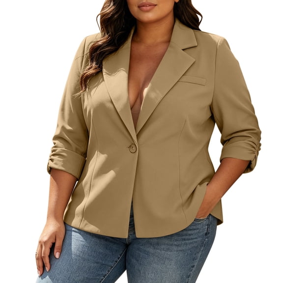 QQZ Womens 2026 Fall Winter Plus Size One Button Notched Lapel Blazer Jacket, Roll Tab Long Sleeve Suit Coat, Outerwear For Business Work Outfits & Daily Casual Wear