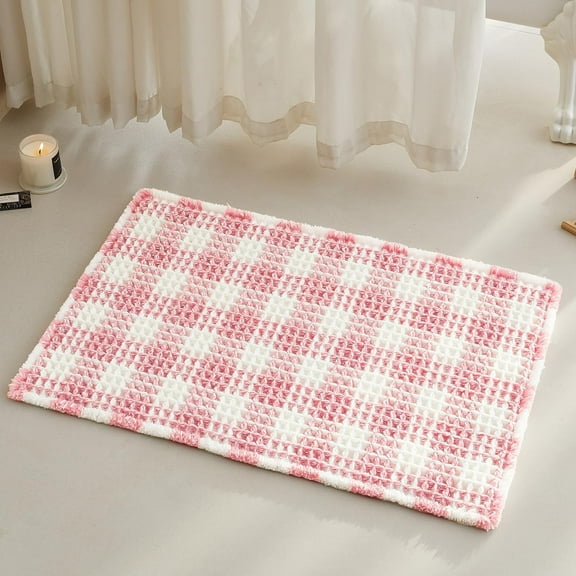 Waffle Bath Mat, Boho Bathroom Rugs Non Slip Washable Absorbent Checkered Bathroom Mat Quick Dry Cute Bath Mat, 30"x20" Pink and White
