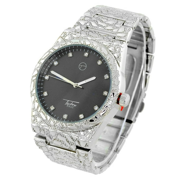 Mens Silver-tone nugget style clubbing watch 43mm 12mm thick case. Black dial, 19mm wide silver link bracelet fits 8 inches wrists.