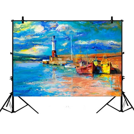 Image of YKCG 7x5ft Sunset Beach Lighthouse Photography Backdrops Polyester Photography Props Studio Photo Booth Props