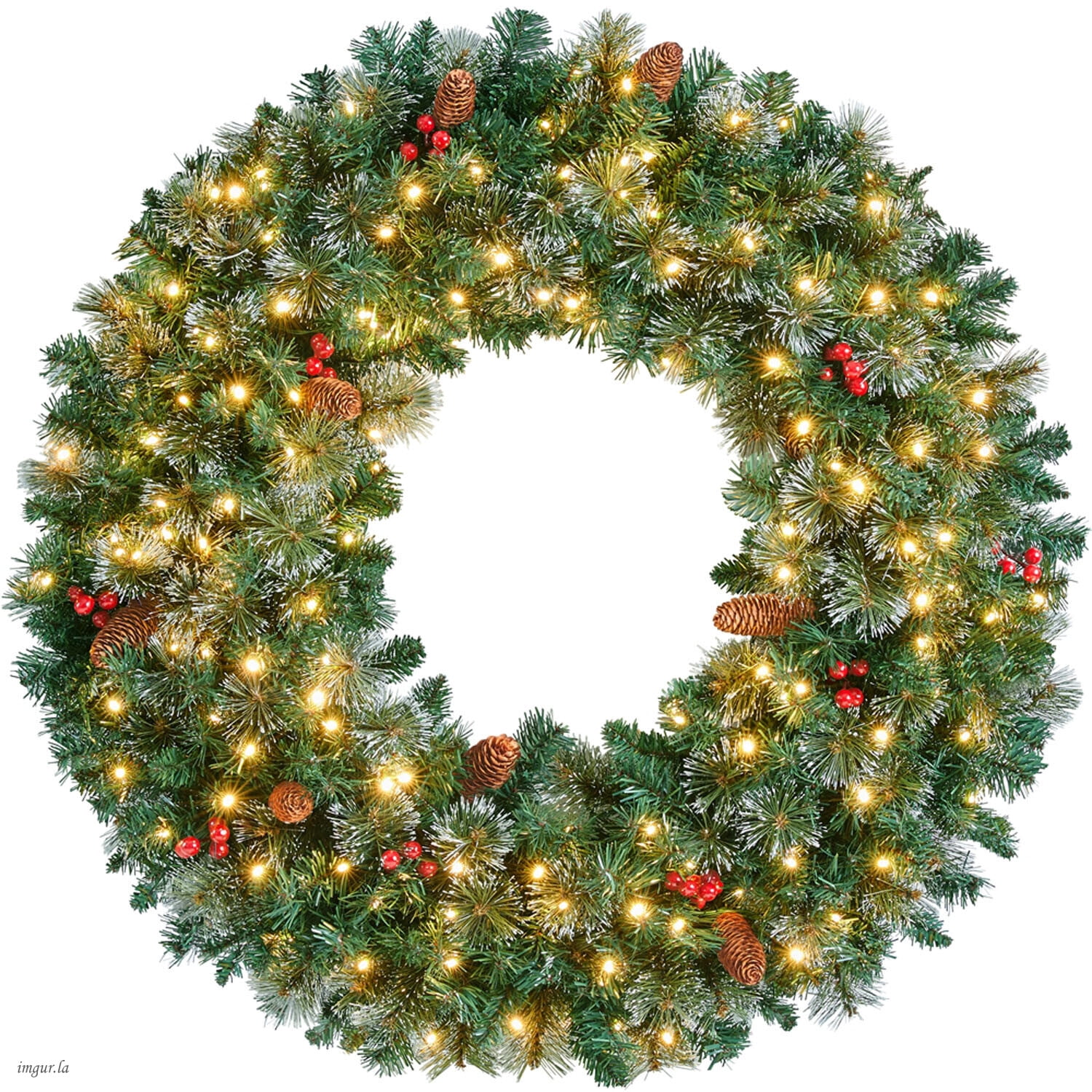 Alden Design 36 Inch Artificial Pre-lit Frosted Christmas Wreath with Bowknot & Pinecones & Holly Berries & LED Lights, Green