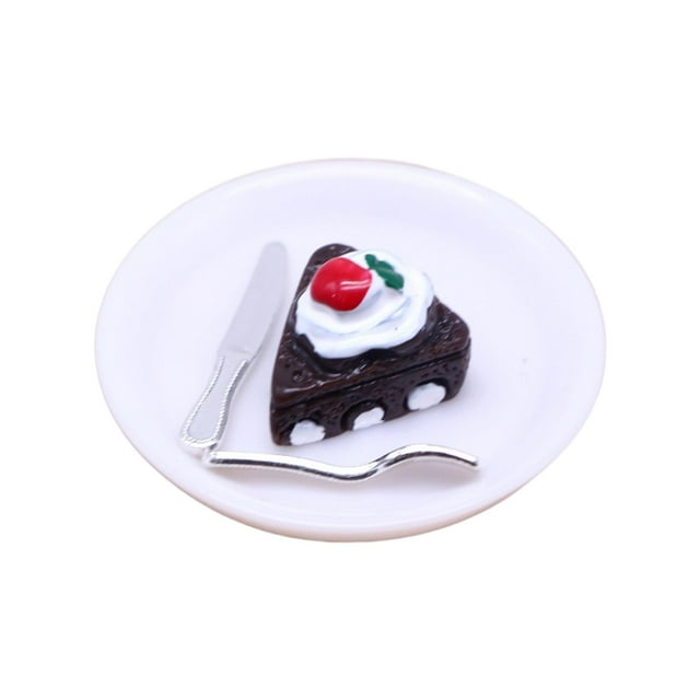Plato para pastel con cubiertos para casa de muñecas, juguetes de comida para casa de muñecas, accesorio para casa de muñecas Pastel de chocolate