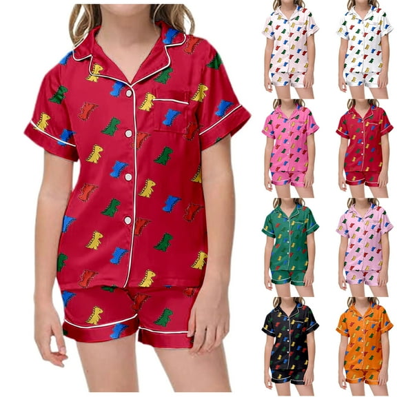 idosla Women's 2 Piece Boots Graphic Pajama Set Pocket Patched Button Down Shirt with Shorts Satin Sleepwear (White, 10-11 Years)