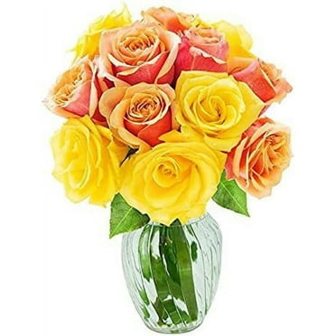 KaBloom : KaBloom : Bouquet of Orange and Yellow Roses (Half Dozon) with Vase, Next-Day Delivery
