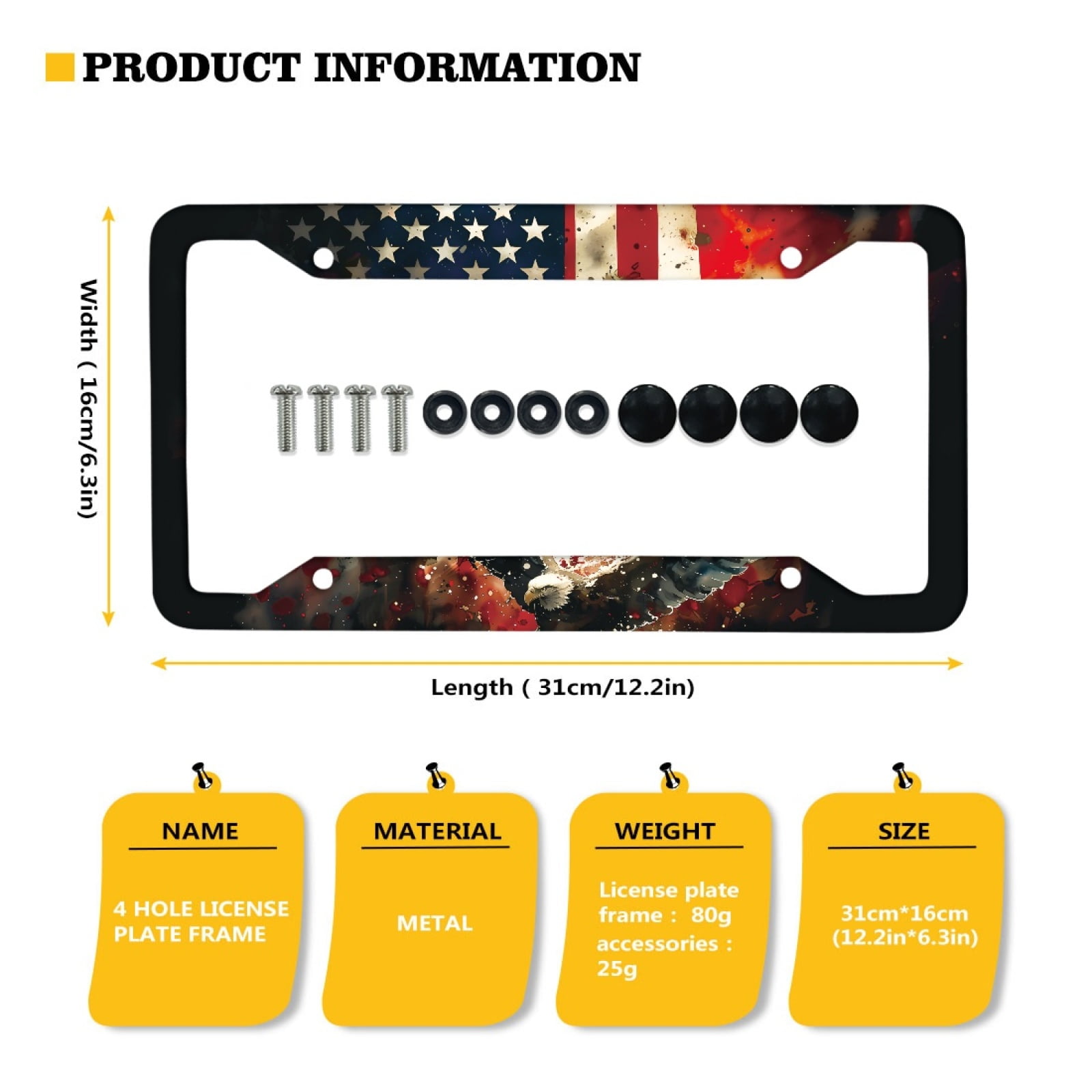 Renewold American Flag Eagle Universal Car License Plate Frame with Screws Accessories Auto Decoration for Standard US License Patriotic Decor, Set of 2