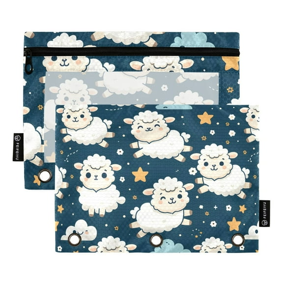 Sheep Cloud Star 2 Pack Pencil Pouch for 3 Ring Binder Smooth Zipper Folders with Pockets Clear Window Pencil Case