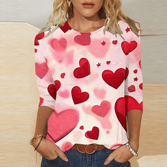 HaoXianJian Womens Valentines Day Outfit,Valentines Day Womens Tops 2025 Trendy 3/4 Length Sleeve Shirts Cute Heart Print Tee Shirts Fashionable Casual top Size 2X